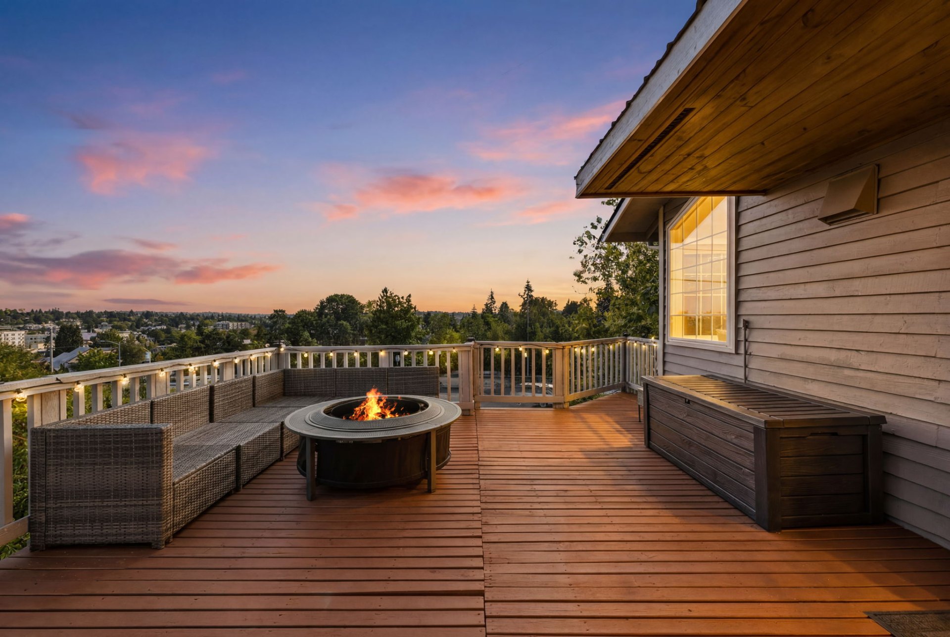 Twilight view from the deck with fire pit and city outlook